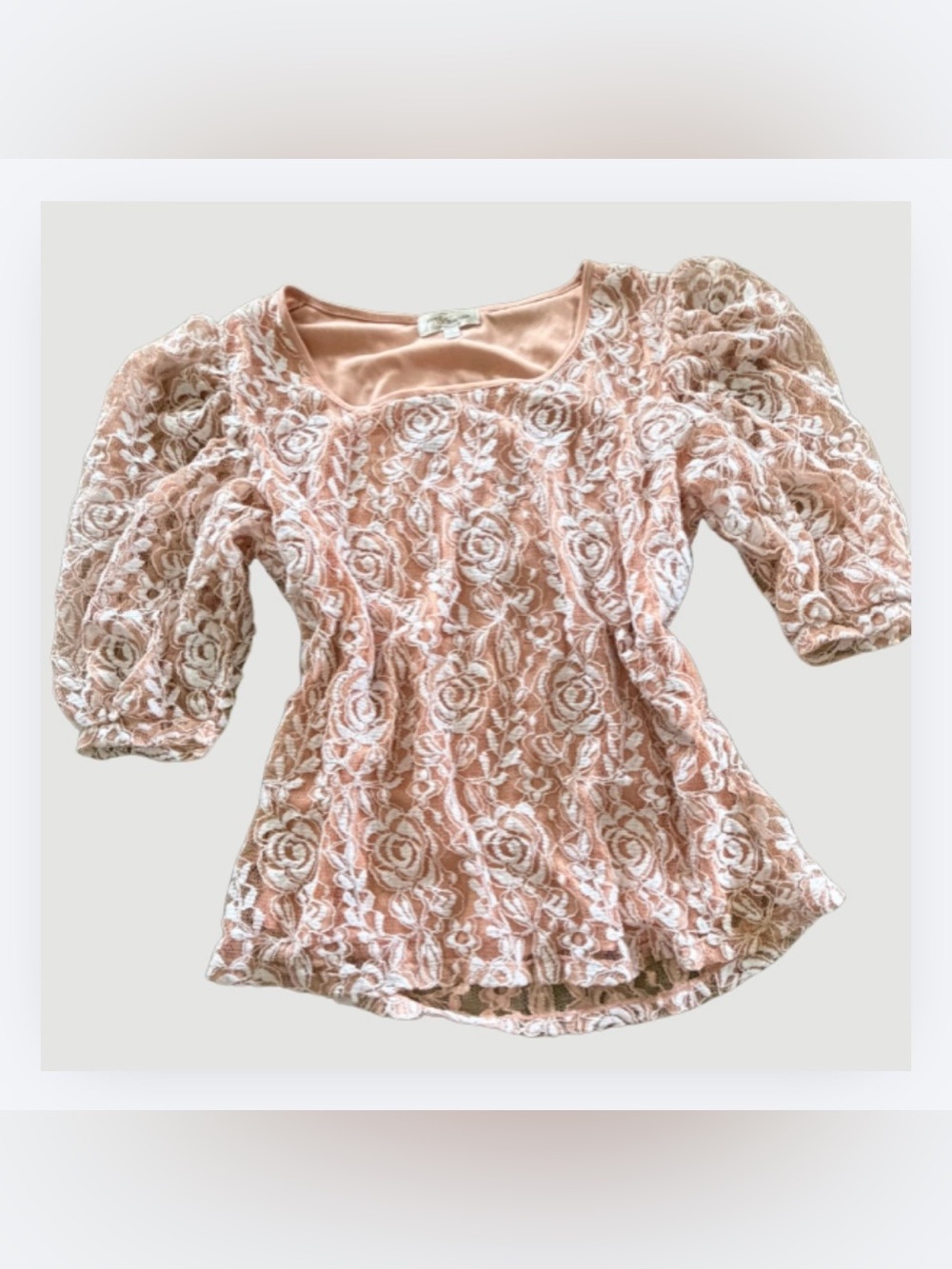 Eve & Maddie Women's White Lace Overlay Blush Pink Puff Sleeve Top, Size L
